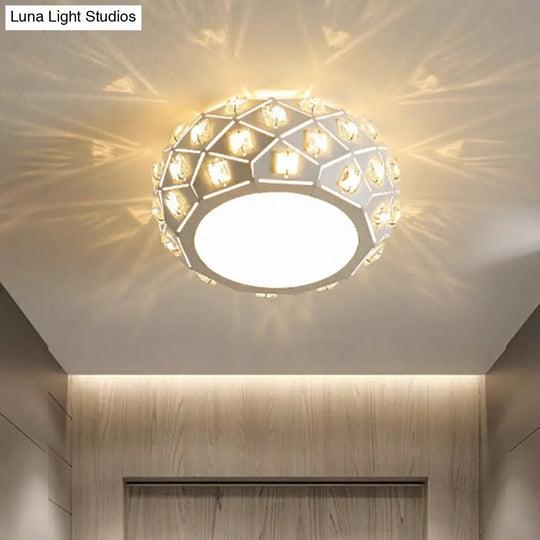 Artistic Crystal Led Flush Ceiling Light In White Drum Shape For Corridor / 6.5 Warm