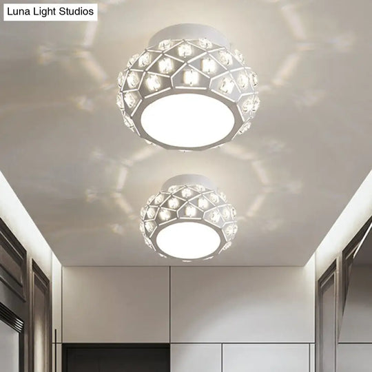 Artistic Crystal Led Flush Ceiling Light In White Drum Shape For Corridor