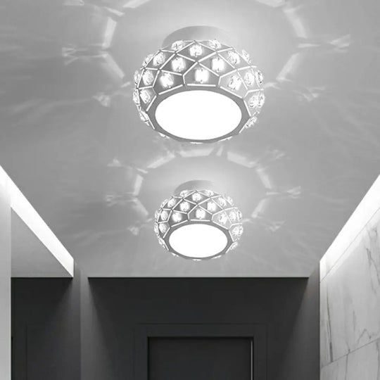 Artistic Crystal Led Flush Ceiling Light In White Drum Shape For Corridor / 6.5’