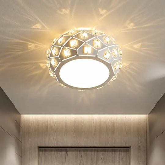 Artistic Crystal Led Flush Ceiling Light In White Drum Shape For Corridor / 6.5’ Warm