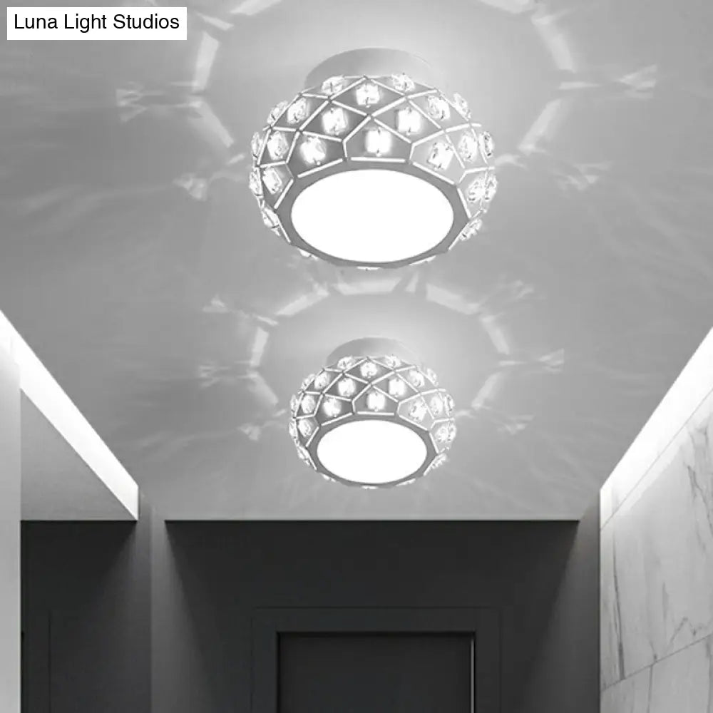 Artistic Crystal Led Flush Ceiling Light In White Drum Shape For Corridor / 6.5