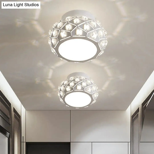 Artistic Crystal Led Flush Ceiling Light In White Drum Shape For Corridor