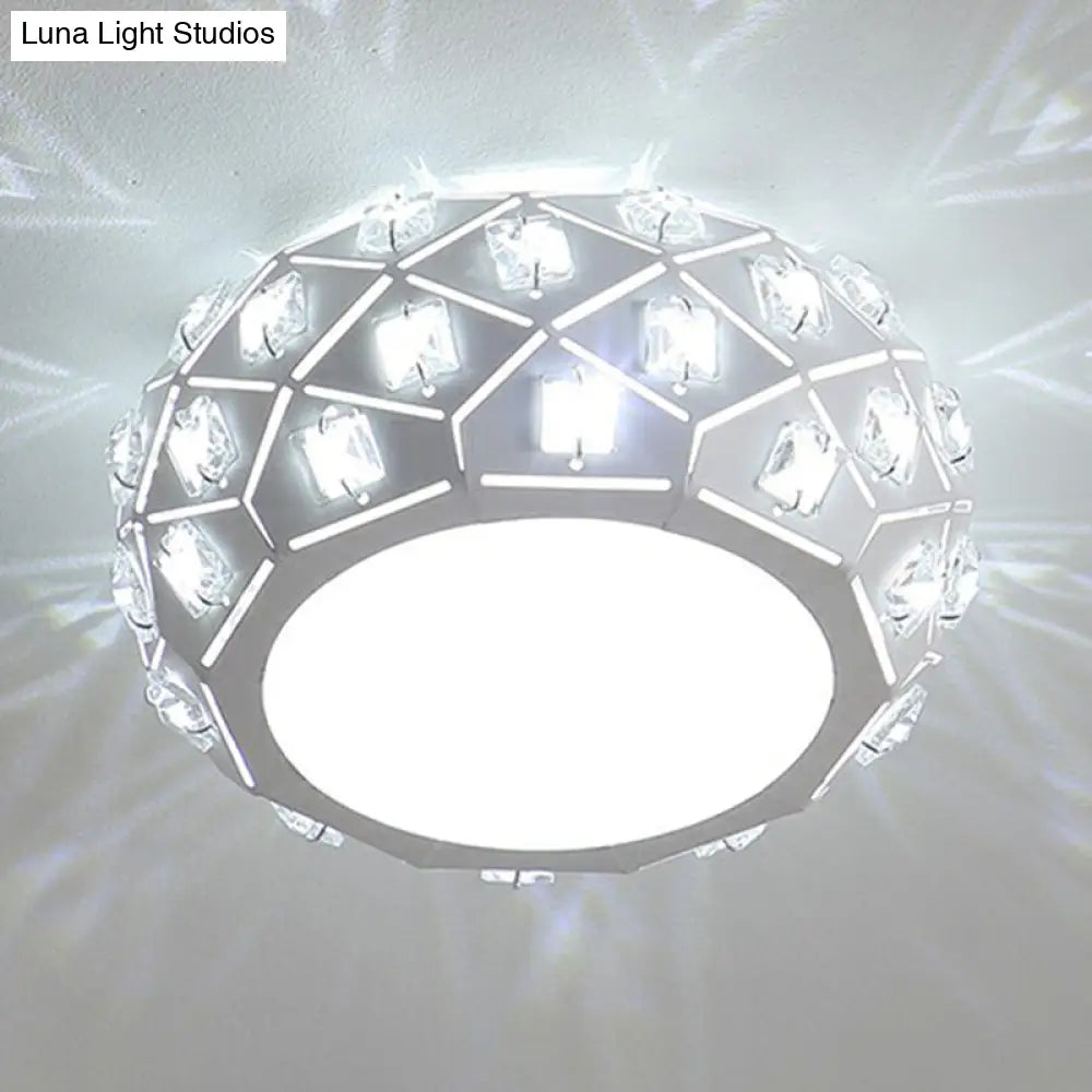 Artistic Crystal Led Flush Ceiling Light In White Drum Shape For Corridor