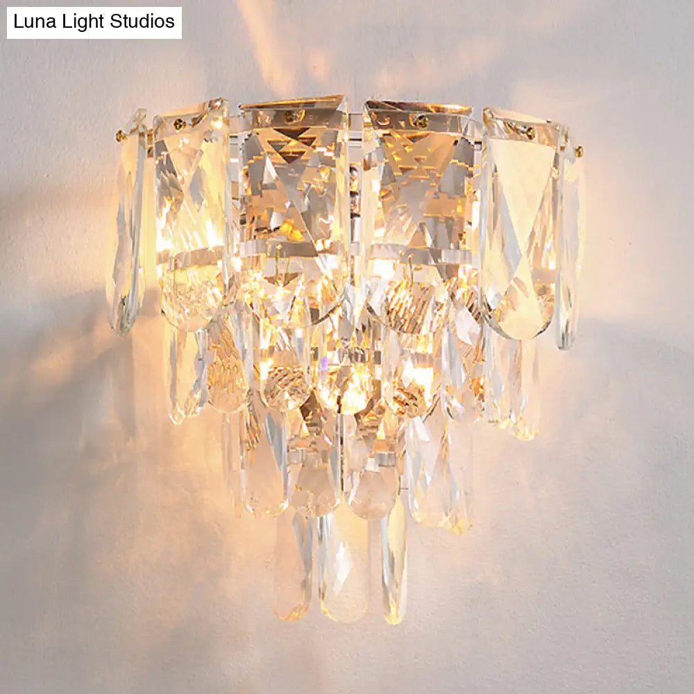 Artistic Crystal Tiered Wall Lamp - Elegant Brass 3-Head Light Fixture For Living Room