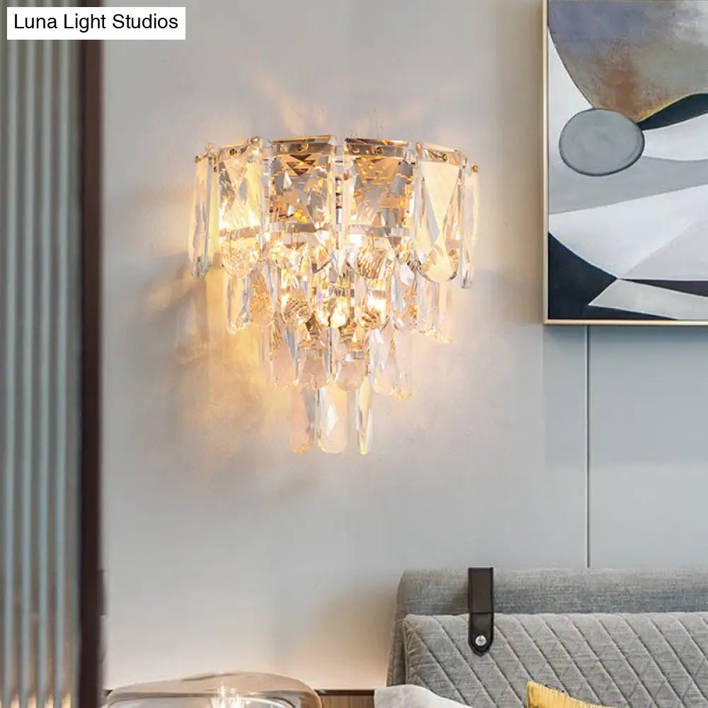 Artistic Crystal Tiered Wall Lamp - Elegant Brass 3-Head Light Fixture For Living Room