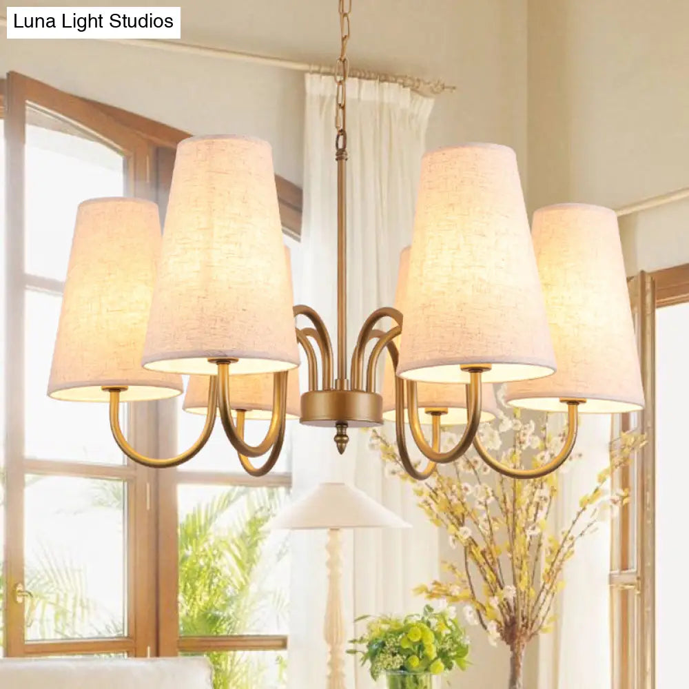 Artistic Curvy Arm Metal Chandelier With Fabric Shade - 6 Bulb Suspension Light For Living Room