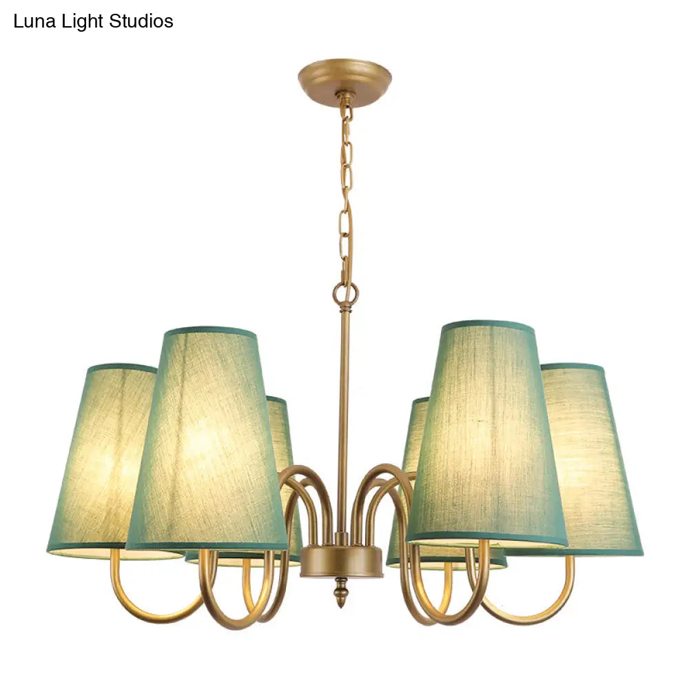 Artistic Curvy Arm Metal Chandelier With Fabric Shade - 6 Bulb Suspension Light For Living Room