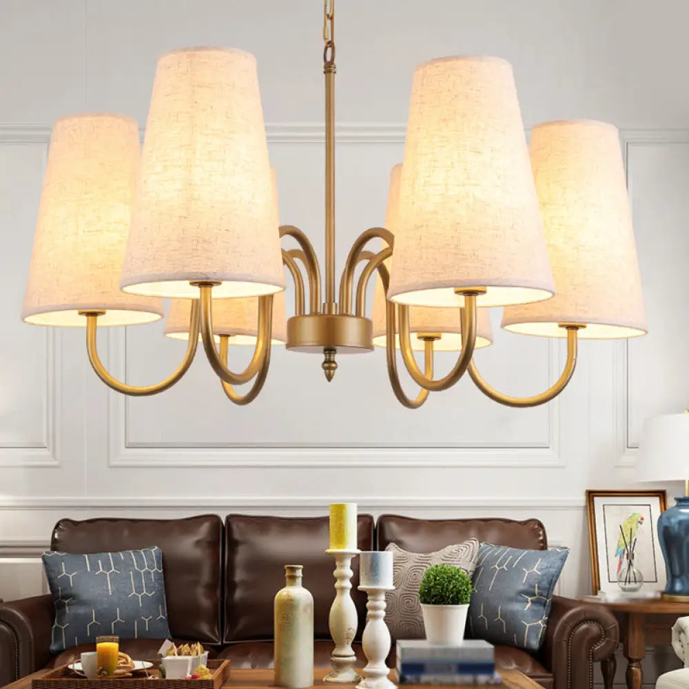 Artistic Curvy Arm Metal Chandelier With Fabric Shade - 6 Bulb Suspension Light For Living Room