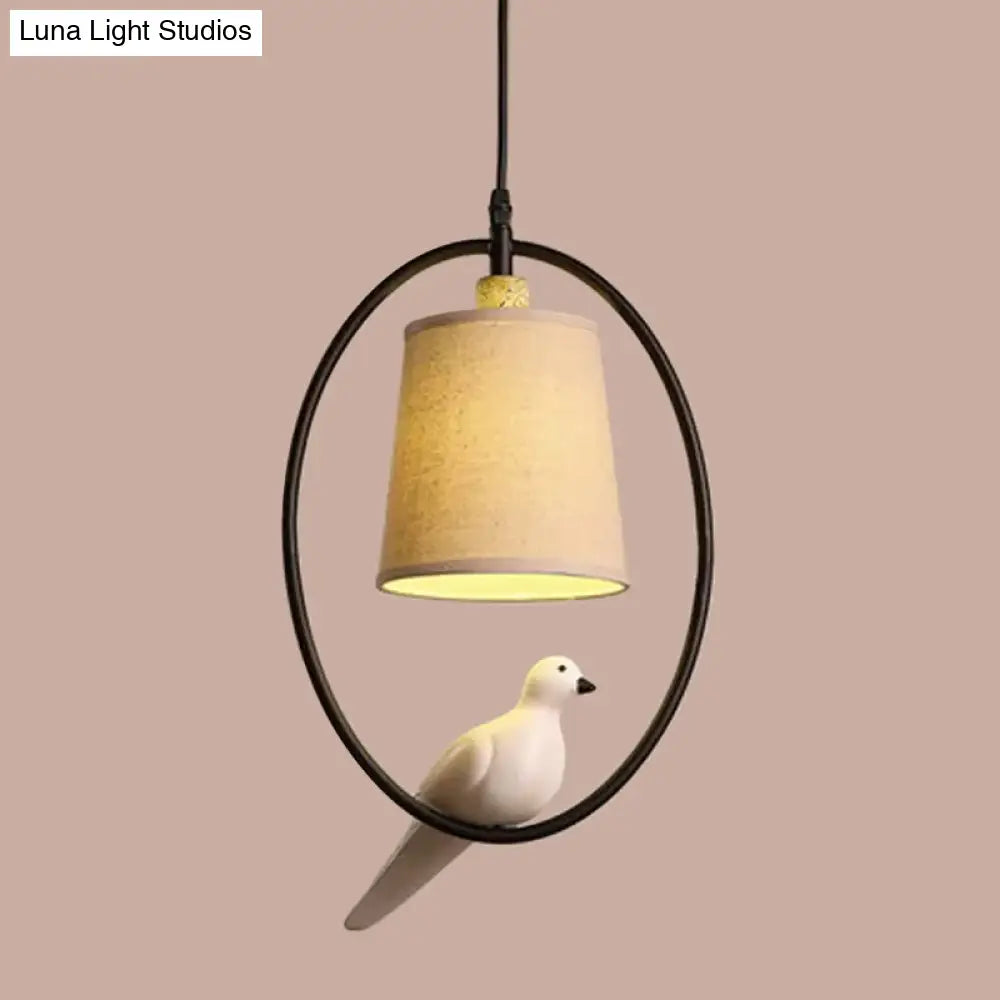 Artistic Fabric Cone Pendant Ceiling Light With Bird Decor White/Black Oval Frame