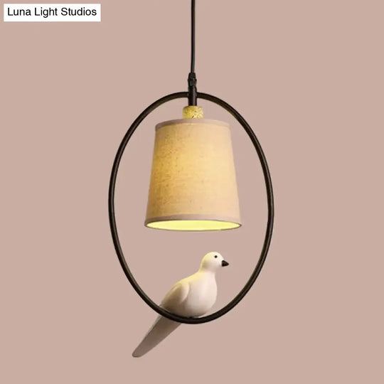 Artistic Fabric Cone Pendant Ceiling Light With Bird Decor White/Black Oval Frame