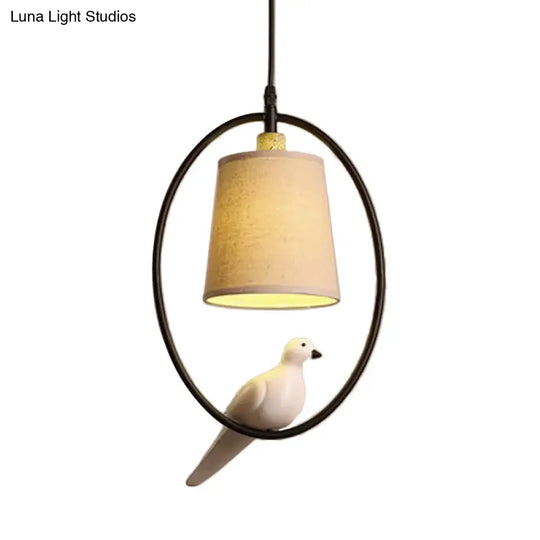 Artistic Fabric Cone Pendant Ceiling Light With Bird Decor White/Black Oval Frame