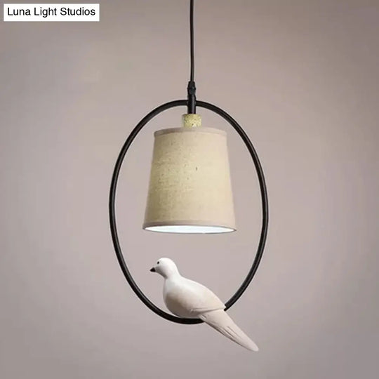 Artistic Fabric Cone Pendant Ceiling Light With Bird Decor White/Black Oval Frame