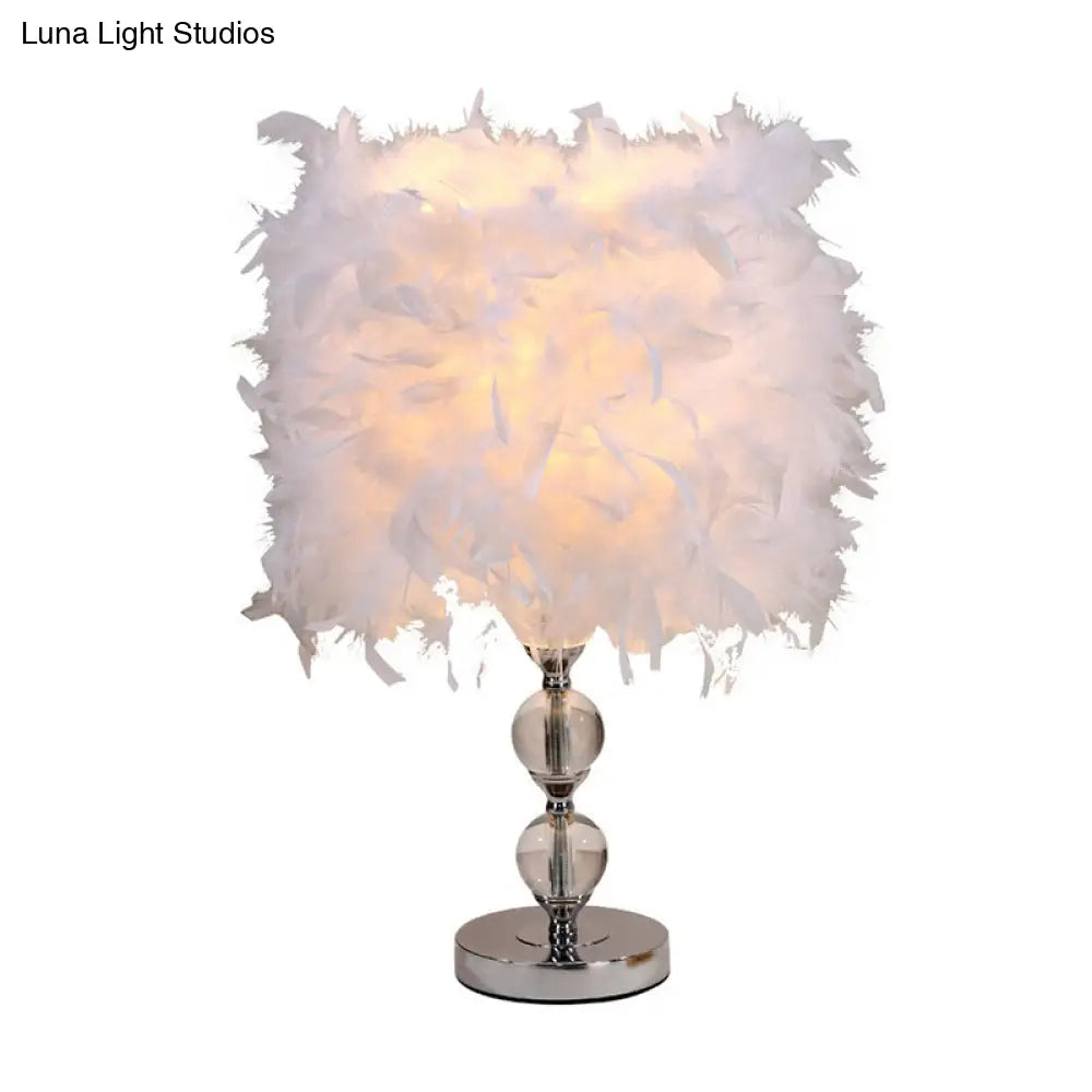 Artistic Feather Cylinder Nightstand Lamp - Nickel Table Lighting For Bedroom