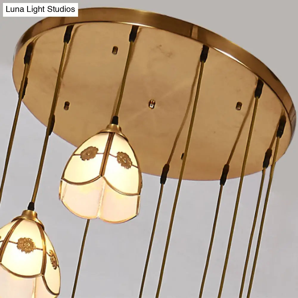 Artistic Frost Glass Scallop Bell Ceiling Light With 6-Head Brass Suspension