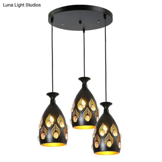 Artistic Metal Cluster Pendant Light - 3 Head Cup Shape Black Hollowed-Out Ceiling Lamp With