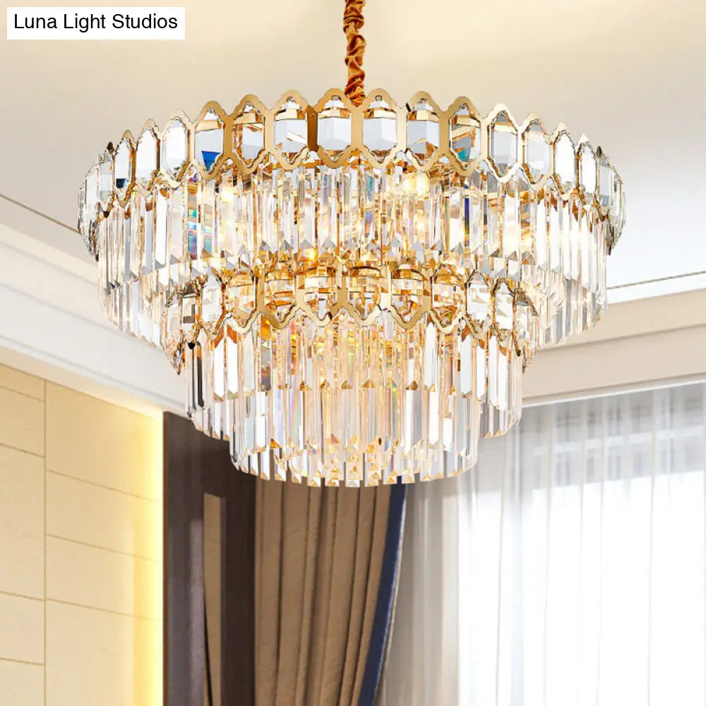 Artistic Prismatic Crystal Gold Pendant Light For Living Room - Tiered Round Suspension