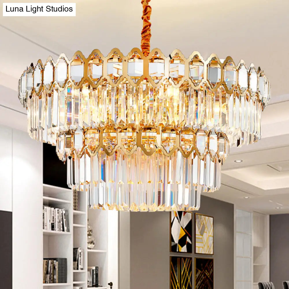 Artistic Prismatic Crystal Gold Pendant Light For Living Room - Tiered Round Suspension