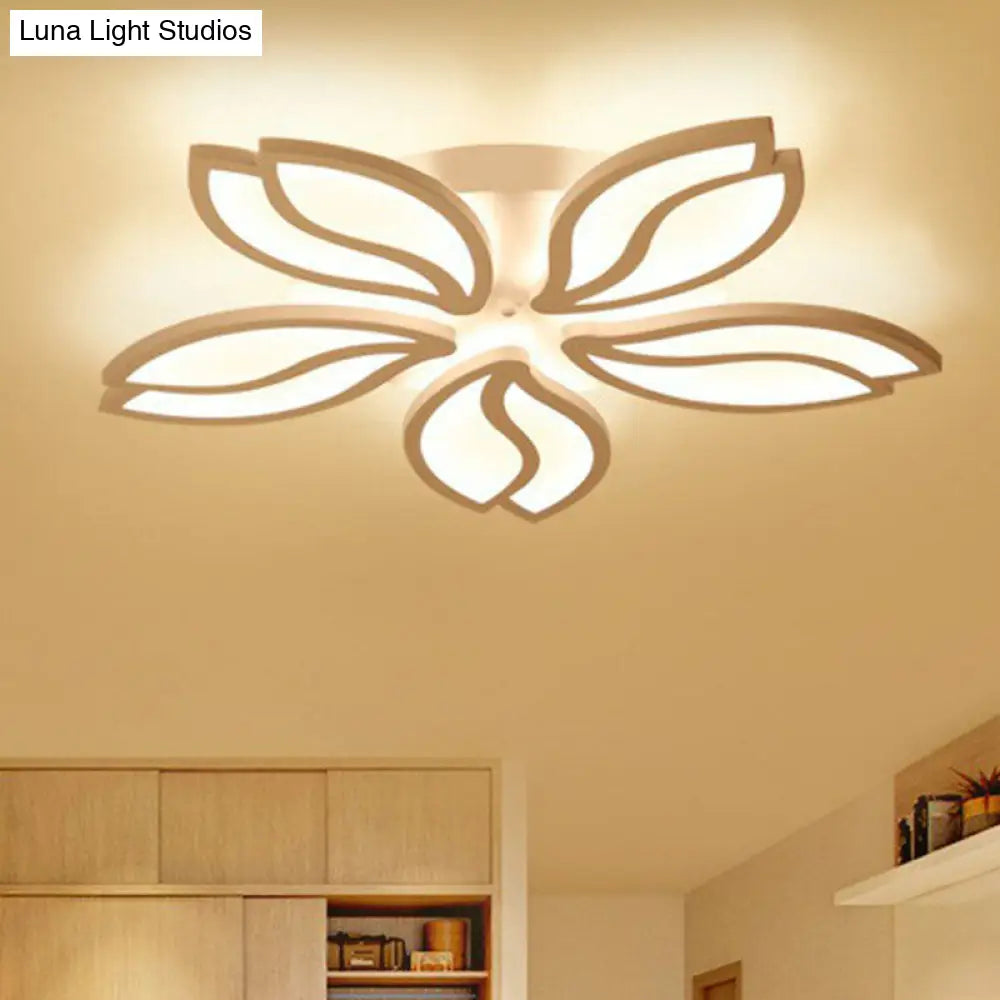 Artistic White Led Semi Flush Ceiling Light With Acrylic Leaf Design For Living Room 5 / Warm