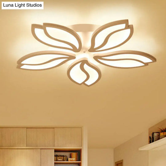 Artistic White Led Semi Flush Ceiling Light With Acrylic Leaf Design For Living Room 5 / Warm