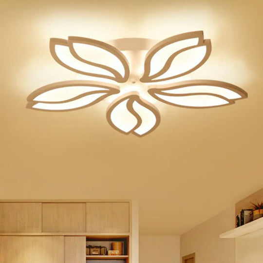 Artistic White Led Semi Flush Ceiling Light With Acrylic Leaf Design For Living Room 5 / Warm