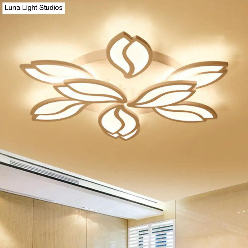 Artistic White Led Semi Flush Ceiling Light With Acrylic Leaf Design For Living Room 9 / Warm