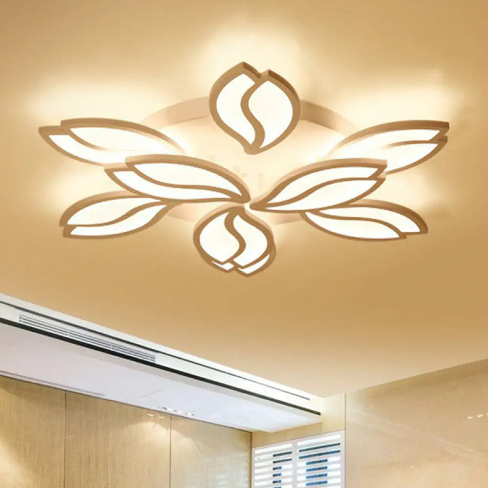 Artistic White Led Semi Flush Ceiling Light With Acrylic Leaf Design For Living Room 9 / Warm