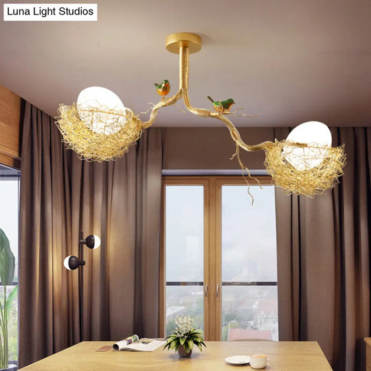 Artistry Milk White Glass Ball Chandelier Pendant 1/2/3-Light Golden Hanging Lamp With Birds And