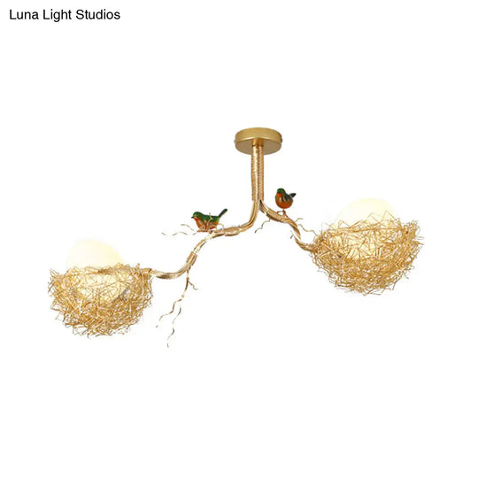 Artistry Milk White Glass Ball Chandelier Pendant 1/2/3-Light Golden Hanging Lamp With Birds And