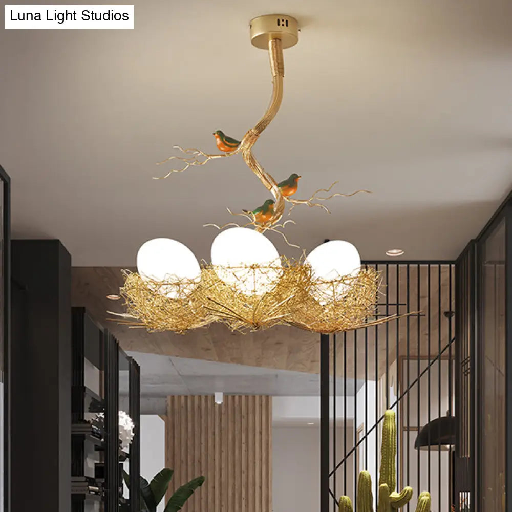 Artistry Milk White Glass Ball Chandelier Pendant 1/2/3-Light Golden Hanging Lamp With Birds And