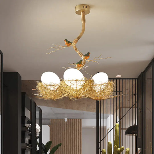 Artistry Milk White Glass Ball Chandelier Pendant 1/2/3-Light Golden Hanging Lamp With Birds And