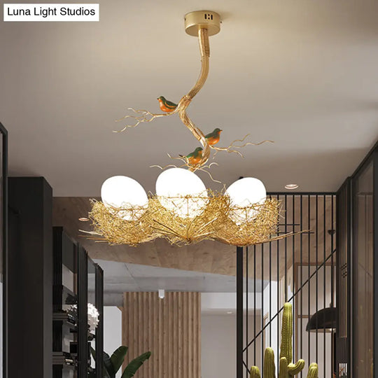 Artistry Milk White Glass Ball Chandelier Pendant With Birds And Hand-Sewn Aluminum Nest -