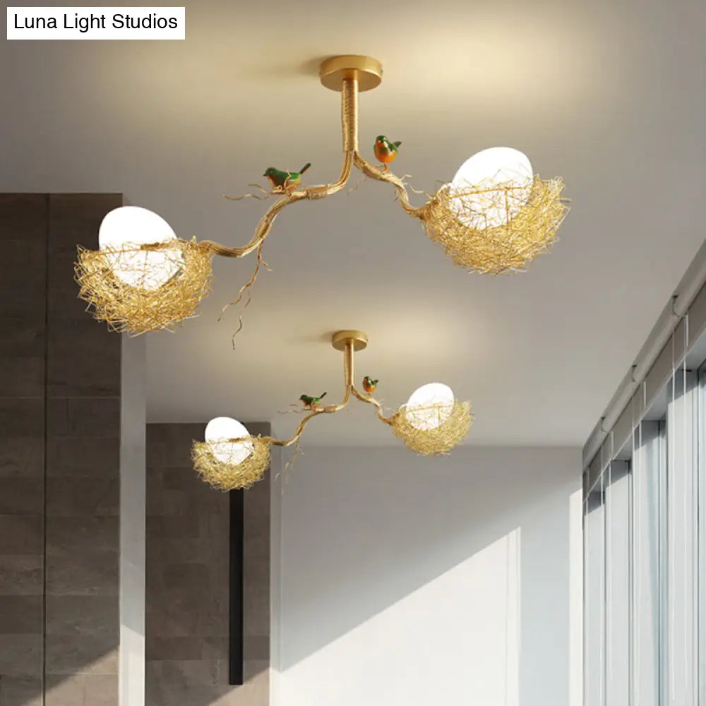 Artistry Milk White Glass Ball Chandelier Pendant With Birds And Hand-Sewn Aluminum Nest -