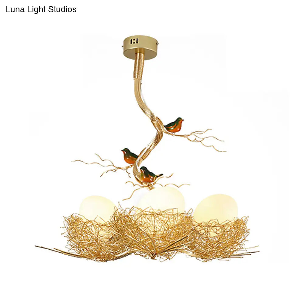 Artistry Milk White Glass Ball Chandelier Pendant With Birds And Hand-Sewn Aluminum Nest -