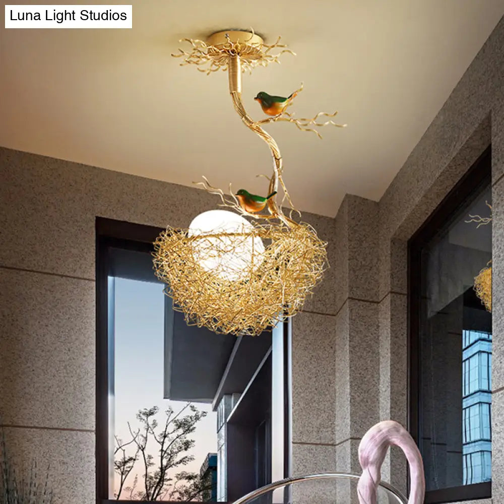 Artistry Milk White Glass Ball Chandelier Pendant With Birds And Hand-Sewn Aluminum Nest -