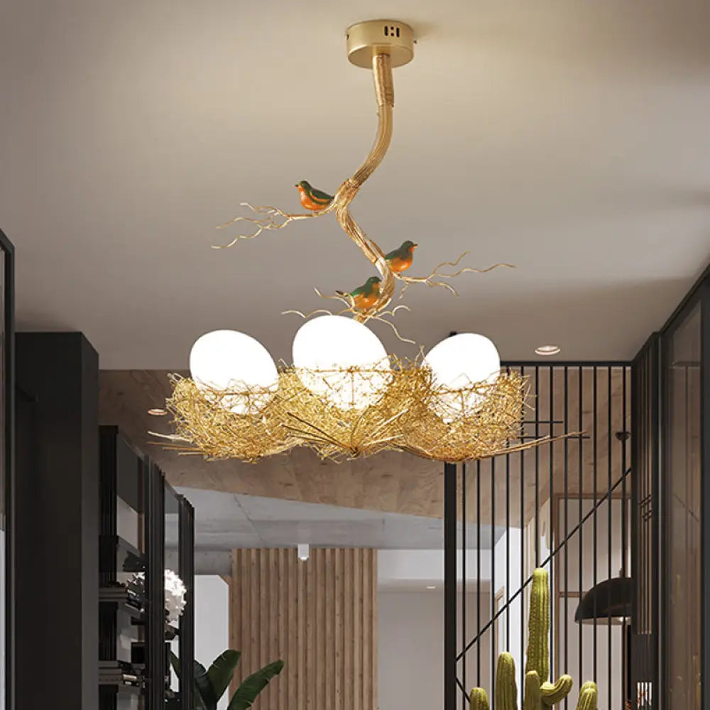 Artistry Milk White Glass Ball Chandelier Pendant With Birds And Hand-Sewn Aluminum Nest -