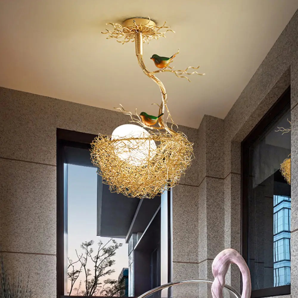 Artistry Milk White Glass Ball Chandelier Pendant With Birds And Hand-Sewn Aluminum Nest -