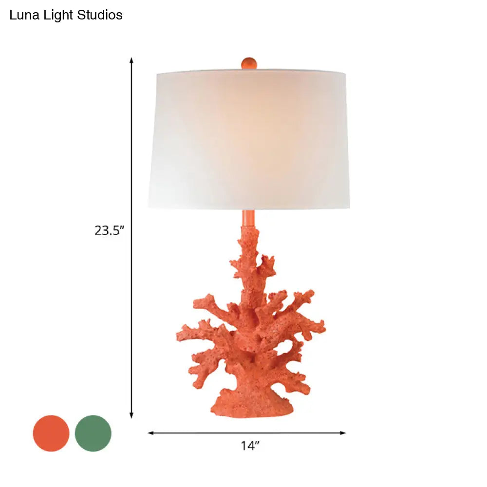 Arya - Green/Red Resin Table Lighting Coral 1 Bulb Countryside Night Stand Lamp With Drum Fabric