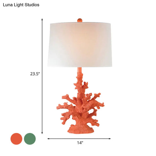 Arya - Green/Red Resin Table Lighting Coral 1 Bulb Countryside Night Stand Lamp With Drum Fabric