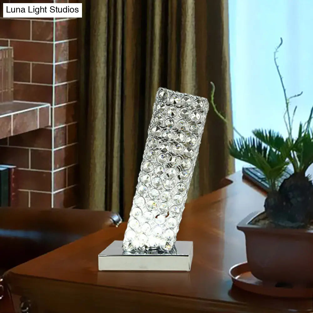 Crystal Led Night Table Lamp: Modern Chrome Cuboid Design With Slanting Insert