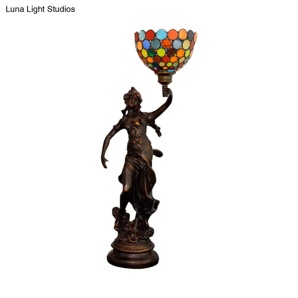 Woman Holding Torch Tiffany Stained Glass Coffee Night Lamp