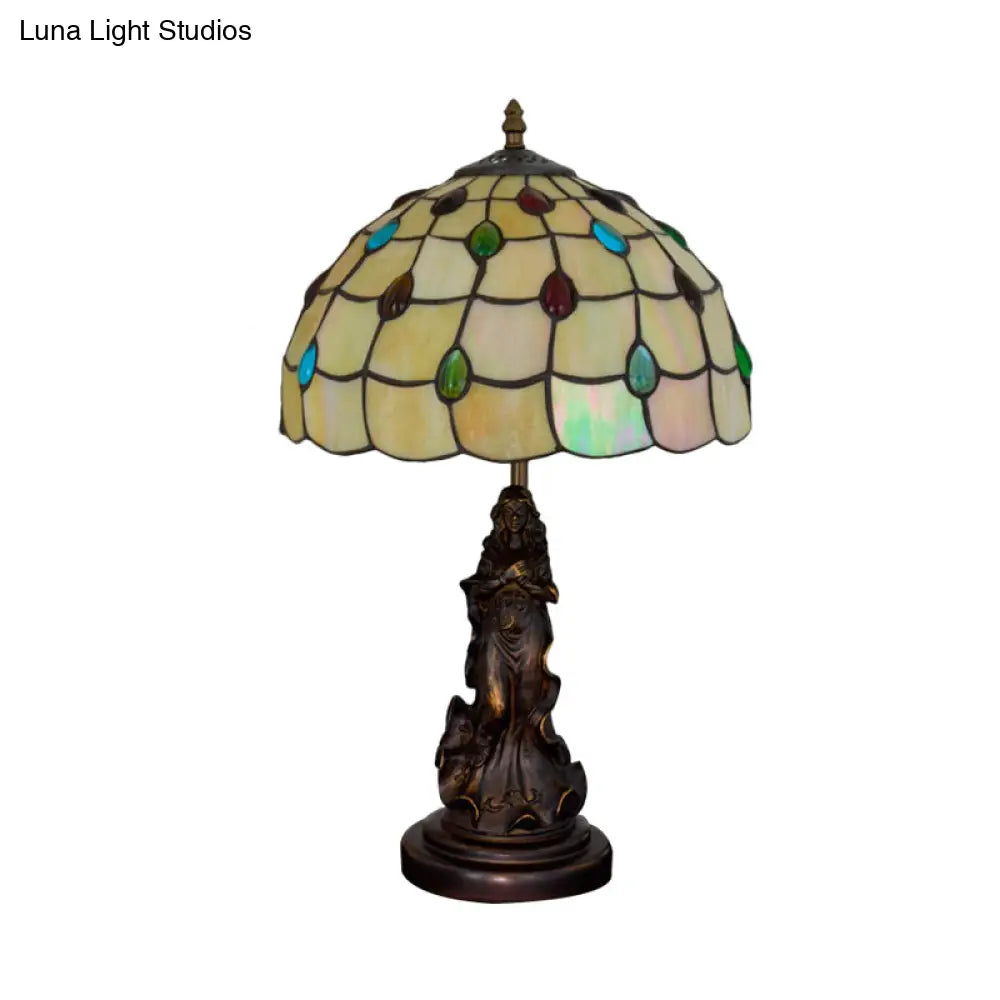 Asellus Secundus - Cabochons Grid Night Light 1-Light Tiffany Table Lamp With Angel Decor