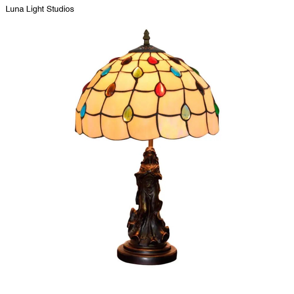 Grid Night Light 1-Light Tiffany Table Lamp With Angel Decor - Cabochon-Embellished White/Beige