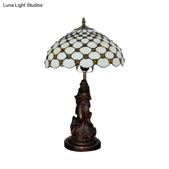 Grid Night Light 1-Light Tiffany Table Lamp With Angel Decor - Cabochon-Embellished White/Beige