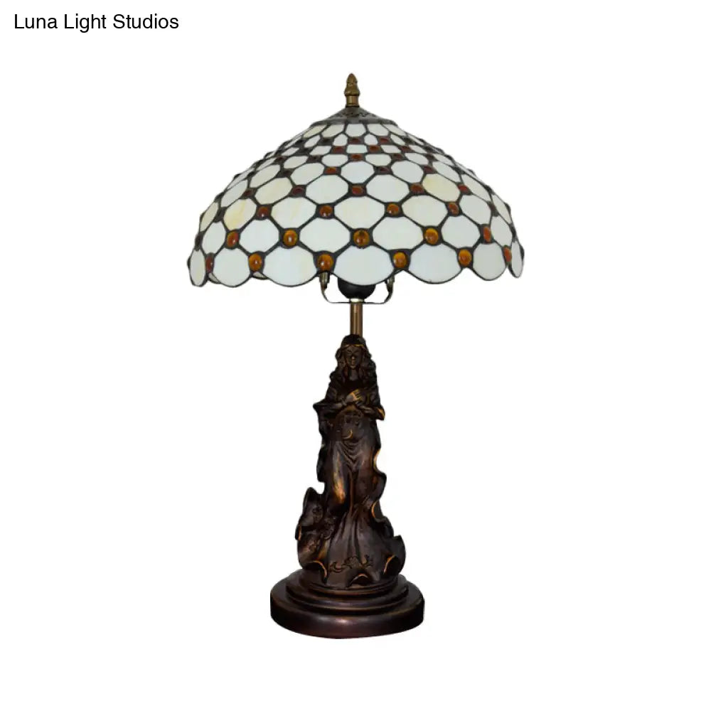 Asellus Secundus - Cabochons Grid Night Light 1-Light Tiffany Table Lamp With Angel Decor