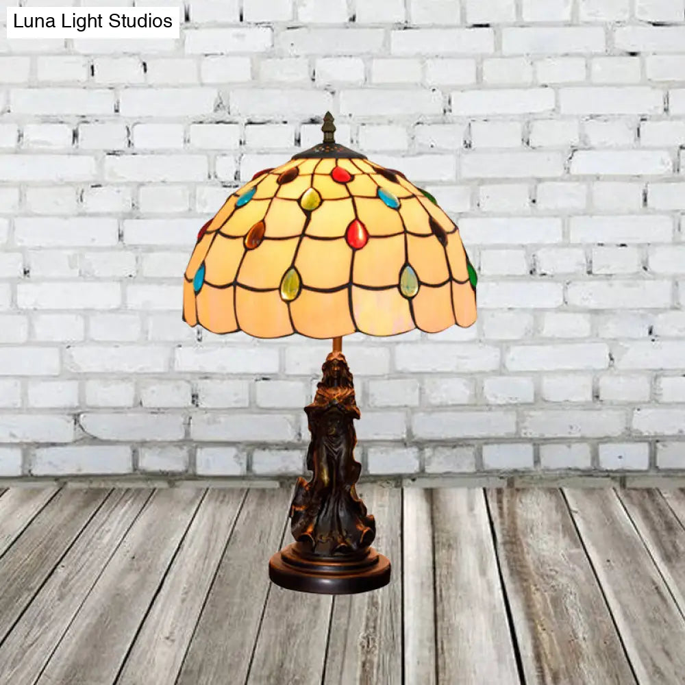 Grid Night Light 1-Light Tiffany Table Lamp With Angel Decor - Cabochon-Embellished White/Beige