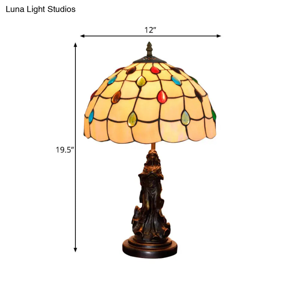 Grid Night Light 1-Light Tiffany Table Lamp With Angel Decor - Cabochon-Embellished White/Beige