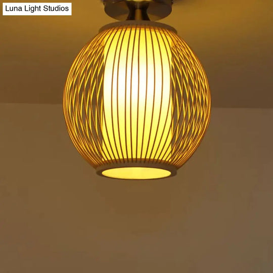 Asia 1-Head Ceiling Mounted Wood Pear/Globe Light Fixture With Bamboo Cage And Shade