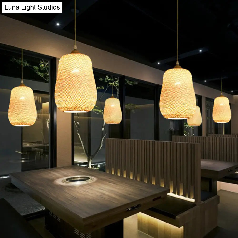 Asia 1-Light Beige Bamboo Pendant Light Fixture For Restaurants