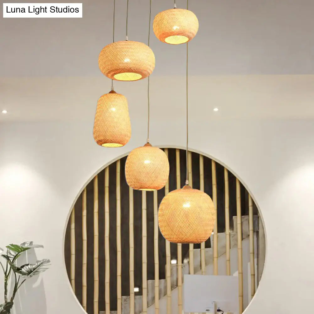 Asia 1-Light Beige Bamboo Pendant Light Fixture For Restaurants