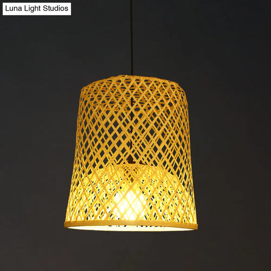 Asia Bamboo Barrel Pendant Lamp - Single Beige Shade For Table